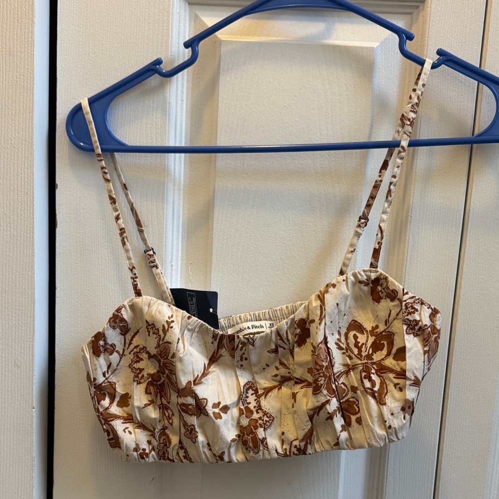 Abercrombie & Fitch Cream Floral Crop Top with Brown Print